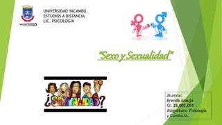 “Sexo y Sexualidad”
UNIVERSIDAD YACAMBÚ
ESTUDIOS A DISTANCIA
LIC. PSICOLOGÍA
Alumna:
Brenda Araujo
CI: 28,002,091
Asignatura: Fisiología
y Conducta.
 