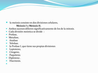  la meiosis consiste en dos divisiones celulares,
Meiosis I y Meiosis II.
 Ambos sucesos difieren significativamente de los de la mitosis.
 Cada división meiotica se divide :
 Profase,
 Metafase,
 Anafase
 Telofase.
 la Profase I, que tiene sus propias divisiones
 Leptoteno,
 Citogeno,
 Paquiteno.
 Diploteno .
 Diacinesis.

 