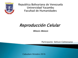 Republica Bolivariana de Venezuela
Universidad Yacambu
Facultad de Humanidades
Reproducción Celular
Participante: Edilson Colmenarez
Cabudare Octubre 2016
Mitosis-Meiosis
 