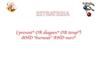 (prevent* OR diagnos* OR terap*)
  AND burnout AND nurs*	

 