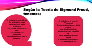 Según la Teoría de Sigmund Freud,
tenemos:
El instinto de vida, (Eros)
Es un instinto cuya
característica es la
tendencia
a la conservación de la
vida,
a la unión y a la
integridad,
a mantener unido todo lo
animado.
El instinto de la muerte.
(Thanatos)
Designa las pulsiones de la
muerte
que tienden hacia la
autodestrucción con el fin
de
hacer que el organismo
vuelva
a un estado inanimado y
a la desintegración.
 