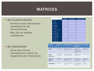  DE CLASIFICACIÓN
o Permite hacer distinciones
detalladas de las
características
o Muy útil en análisis
cualitativos
 DE INDUCCIÓN
o Sirve para extraer
conclusiones a partir de
fragmentos de información
MATRICES
 
