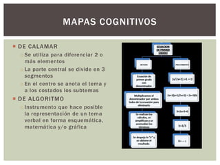  DE CALAMAR
o Se utiliza para diferenciar 2 o
más elementos
o La parte central se divide en 3
segmentos
o En el centro se anota el tema y
a los costados los subtemas
 DE ALGORITMO
o Instrumento que hace posible
la representación de un tema
verbal en forma esquemática,
matemática y/o gráfica
MAPAS COGNITIVOS
 