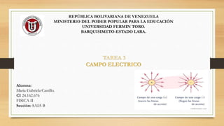 REPÚBLICA BOLIVARIANA DE VENEZUELA
MINISTERIO DEL PODER POPULAR PARA LA EDUCACIÓN
UNIVERSIDAD FERMIN TORO.
BARQUISIMETO-ESTADO LARA.
TAREA 3
CAMPO ELECTRICO
Alumna:
Maria Gabriela Castillo.
CI 24.162.676
FISICA II
Sección: SAIA B
 