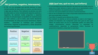 PNI (positivo, negativo, interesante)
El PNI es una estrategia que permite plantear el mayor
número posible de ideas sobre un evento, acontecimiento
o algo que se observa. Para realizarlo se plantea una serie
de ideas sobre un tema considerando aspectos positivos y
negativos, Se plantean dudas preguntas y aspectos
curiosos. Es útil para lograr un equilibrio en nuestros juicios
de valor activos y, por lo tanto, para tomar decisiones
fundamentadas. Se utiliza para evaluar fenómenos, objetos
etcétera. Desarrollar la habilidad para contrastar
información. Organizar el pensamiento y tomar decisiones
de manera argumentada.
Es una estrategia que permite descubrir las relaciones que existen entre las
partes de un todo (entorno o tema) a partir de un razonamiento crítico,
creativo e hipotético. Se caracteriza por tener 3 elementos:
Que veo. Es lo que se observa se conoce o reconoce del tema
Que no veo. Es aquello que no está comprendido explícitamente en el tema
pero que puede estar contenido.
Que infiero. Es aquello que se deduce de un tema.
Para realizarlo se plantea un tema se presenta un caso o una imagen a
analizar. Se responde a las 3 preguntas (¿Qué veo? ¿qué no veo? ¿qué
infiero? Se puede hacer uso de un organizador gráfico. Se utiliza para
indagar conocimientos previos, desarrollar la capacidad de
cuestionamiento, desarrollar el pensamiento crítico, favorecer el
pensamiento hipotético y desarrollar la creatividad.
QQQ (qué veo, qué no veo, qué infiero)
 