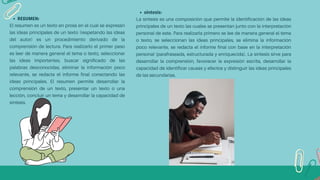 RESUMEN:
El resumen es un texto en prosa en el cual se expresan
las ideas principales de un texto (respetando las ideas
del autor) es un procedimiento derivado de la
comprensión de lectura. Para realizarlo el primer paso
es leer de manera general el tema o texto, seleccionar
las ideas importantes, buscar significado de las
palabras desconocidas, eliminar la información poco
relevante, se redacta el informe final conectando las
ideas principales. El resumen permite desarrollar la
comprensión de un texto, presentar un texto o una
lección, concluir un tema y desarrollar la capacidad de
síntesis.
síntesis:
La síntesis es una composición que permite la identificación de las ideas
principales de un texto las cuales se presentan junto con la interpretación
personal de este. Para realizarla primero se lee de manera general el tema
o texto, se seleccionan las ideas principales, se elimina la información
poco relevante, se redacta el informe final con base en la interpretación
personal (parafraseada, estructurada y enriquecida). La síntesis sirve para
desarrollar la comprensión, favorecer la expresión escrita, desarrollar la
capacidad de identificar causas y efectos y distinguir las ideas principales
de las secundarias.
 