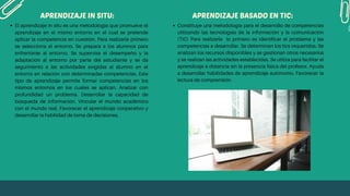 APRENDIZAJE IN SITU:
El aprendizaje in situ es una metodología que promueve el
aprendizaje en el mismo entorno en el cual se pretende
aplicar la competencia en cuestión. Para realizarla primero
se selecciona el entorno. Se prepara a los alumnos para
enfrentarse al entorno. Se supervisa el desempeño y la
adaptación al entorno por parte del estudiante y se da
seguimiento a las actividades exigidas al alumno en el
entorno en relación con determinadas competencias. Este
tipo de aprendizaje permite formar competencias en los
mismos entornos en los cuales se aplican. Analizar con
profundidad un problema. Desarrollar la capacidad de
búsqueda de información. Vincular el mundo académico
con el mundo real. Favorecer el aprendizaje cooperativo y
desarrollar la habilidad de toma de decisiones.
Constituye una metodología para el desarrollo de competencias
utilizando las tecnologías de la información y la comunicación
(TIC) Para realizarla lo primero es identificar el problema y las
competencias a desarrollar. Se determinan los tics requeridos. Se
analizan los recursos disponibles y se gestionan otros necesarios
y se realizan las actividades establecidas. Se utiliza para facilitar el
aprendizaje a distancia sin la presencia física del profesor. Ayuda
a desarrollar habilidades de aprendizaje autónomo. Favorecer la
lectura de comprensión.
APRENDIZAJE BASADO EN TIC:
 