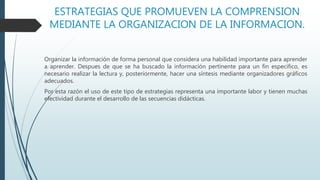 ESTRATEGIAS QUE PROMUEVEN LA COMPRENSION
MEDIANTE LA ORGANIZACION DE LA INFORMACION.
Organizar la información de forma personal que considera una habilidad importante para aprender
a aprender. Despues de que se ha buscado la información pertinente para un fin especifico, es
necesario realizar la lectura y, posteriormente, hacer una síntesis mediante organizadores gráficos
adecuados.
Por esta razón el uso de este tipo de estrategias representa una importante labor y tienen muchas
efectividad durante el desarrollo de las secuencias didácticas.
 