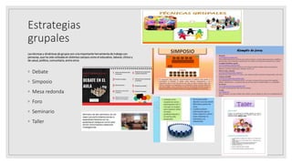 Estrategias
grupales
Las técnicas y dinámicas de grupos son una importante herramienta de trabajo con
personas, que ha sido utilizada en distintos campos como el educativo, laboral, clínico y
de salud, político, comunitario, entre otros
◦ Debate
◦ Simposio
◦ Mesa redonda
◦ Foro
◦ Seminario
◦ Taller
25/06/2023
 