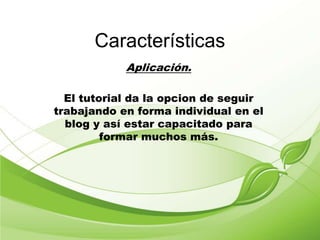Características
Aplicación.
El tutorial da la opcion de seguir
trabajando en forma individual en el
blog y así estar capacitado para
formar muchos más.
 