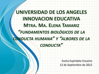 UNIVERSIDAD DE LOS ANGELES
    INNOVACION EDUCATIVA
     MTRA. MA. ELENA TAMARIZ
  “FUNDAMENTOS BIOLÓGICOS DE LA
CONDUCTA HUMANA” Y “ALBORES DE LA
           CONDUCTA”


                     Evelia Espíndola Viscaíno
                    12 de Septiembre de 2012
 