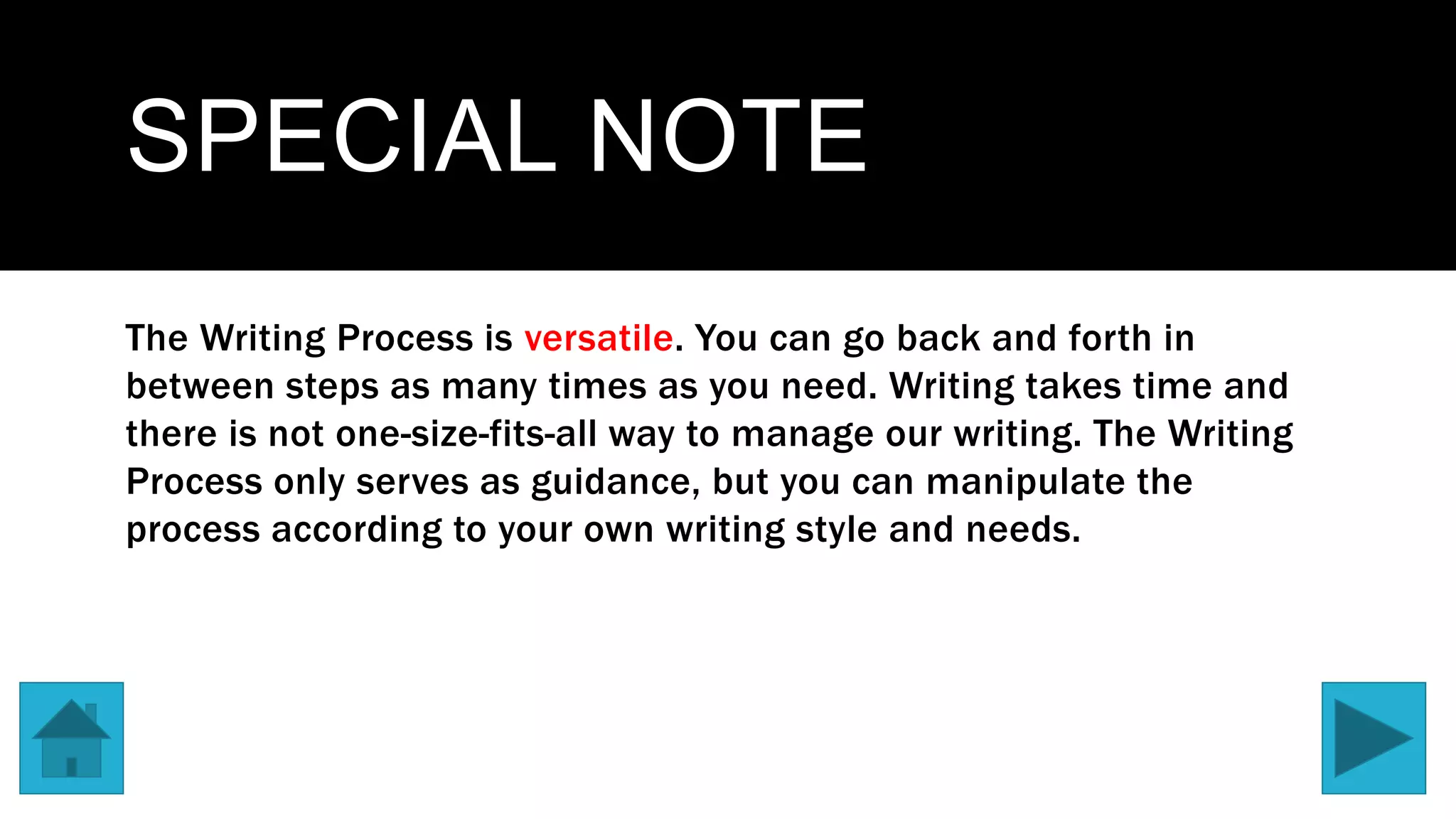 SPECIAL NOTE
The Writing Process is versatile. You can go back and forth in
between steps as many times as you need. Writing takes time and
there is not one-size-fits-all way to manage our writing. The Writing
Process only serves as guidance, but you can manipulate the
process according to your own writing style and needs.
 