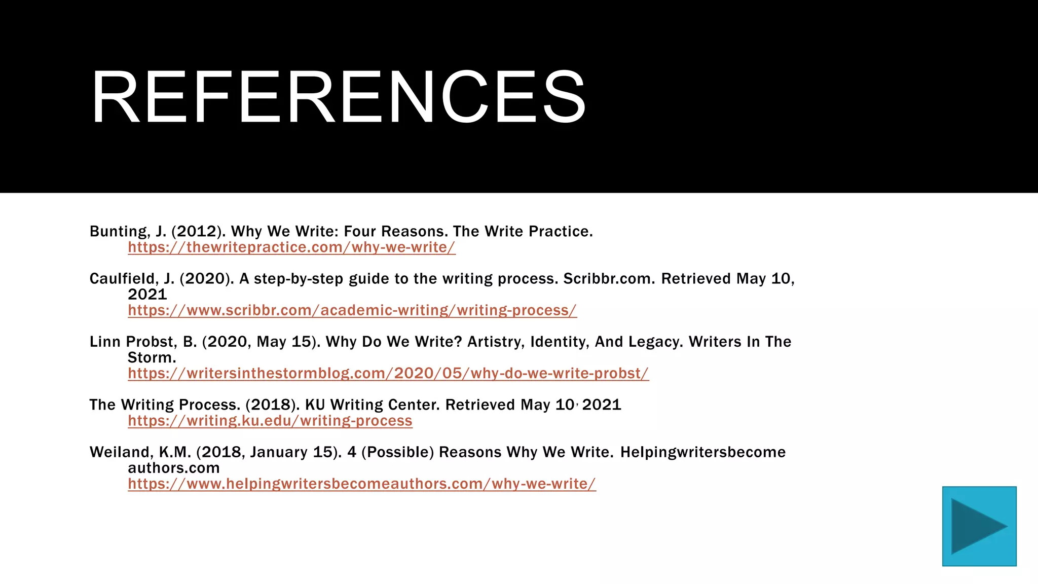 REFERENCES
Bunting, J. (2012). Why We Write: Four Reasons. The Write Practice.
https://thewritepractice.com/why-we-write/
Caulfield, J. (2020). A step-by-step guide to the writing process. Scribbr.com. Retrieved May 10,
2021
https://www.scribbr.com/academic-writing/writing-process/
Linn Probst, B. (2020, May 15). Why Do We Write? Artistry, Identity, And Legacy. Writers In The
Storm.
https://writersinthestormblog.com/2020/05/why-do-we-write-probst/
The Writing Process. (2018). KU Writing Center. Retrieved May 10, 2021
https://writing.ku.edu/writing-process
Weiland, K.M. (2018, January 15). 4 (Possible) Reasons Why We Write. Helpingwritersbecome
authors.com
https://www.helpingwritersbecomeauthors.com/why-we-write/
 