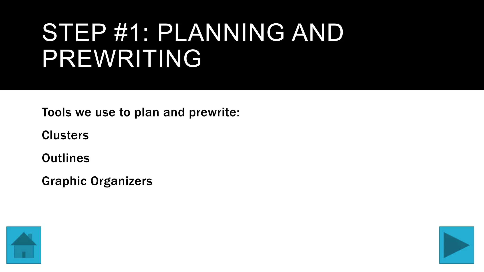 STEP #1: PLANNING AND
PREWRITING
Tools we use to plan and prewrite:
Clusters
Outlines
Graphic Organizers
 