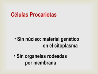 Células Procariotas
• Sin núcleo: material genético
en el citoplasma
• Sin organelas rodeadas
por membrana
 