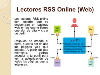 Lectores RSS Online (Web)
Los lectores RSS online
son lectores que se
encuentran en páginas
web en las que te tienes
que dar de alta y crear
un perfil.
Después de creado el
perfil, puedes dar de alta
las páginas web que
desees. A partir de ese
momento, podrás
acceder a tu perfil para
ver la actualización de
todas las páginas que te
interesan.
 