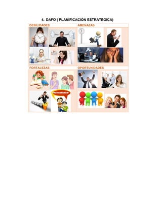 4. DAFO ( PLANIFICACIÓN ESTRATEGICA)
DEBILIDADES AMENAZAS
FORTALEZAS OPORTUNIDADES
 