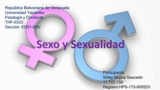 República Bolivariana de Venezuela
Universidad Yacambu
Fisiología y Conducta
THF-0333
Sección: ED01-D0V
Participante
Sirley Mujica Saucedo
11.722.159
Registro:HPS-173-00052V
Sexualidad
 