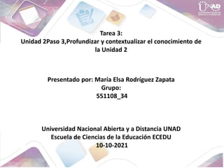 Tarea 3:
Unidad 2Paso 3,Profundizar y contextualizar el conocimiento de
la Unidad 2
Presentado por: María Elsa Rodríguez Zapata
Grupo:
551108_34
Universidad Nacional Abierta y a Distancia UNAD
Escuela de Ciencias de la Educación ECEDU
10-10-2021
 