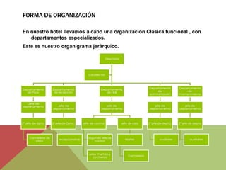 FORMA DE ORGANIZACIÓN

En nuestro hotel llevamos a cabo una organización Clásica funcional , con
   departamentos especializados.
Este es nuestro organigrama jerárquico.
 