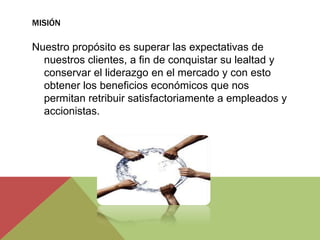 MISIÓN

Nuestro propósito es superar las expectativas de
  nuestros clientes, a fin de conquistar su lealtad y
  conservar el liderazgo en el mercado y con esto
  obtener los beneficios económicos que nos
  permitan retribuir satisfactoriamente a empleados y
  accionistas.
 