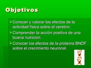 ObjetivosObjetivos
Conocer y valorar los efectos de laConocer y valorar los efectos de la
actividad física sobre el cerebro.actividad física sobre el cerebro.
Comprender la acción positiva de unaComprender la acción positiva de una
buena nutrición.buena nutrición.
Conocer los efectos de la proteína BNDFConocer los efectos de la proteína BNDF
sobre el crecimiento neuronal.sobre el crecimiento neuronal.
 