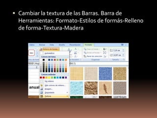 5.2.1 Desarrollo del Gráfico 2Ingresar los valores a utilizar para crear el nuevo gráfico.Seleccionar los valores e insertar un gráfico de Barra en 2-D apilada.  Se obtiene el siguiente gráfico:Eliminar la leyenda insertada por defecto. Barra de herramientas: Presentación- Etiquetas-Leyenda- Ninguno