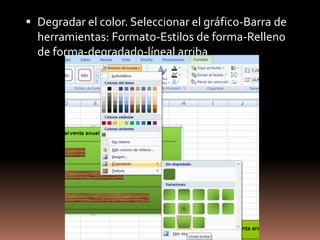 más texturas:En la ventana emergente cambiamos a Relleno-Relleno con imagen o textura-Imagenes predisenadas...Seleccionamos el primer gráficoEscoger: Relleno-relleno con imagen o textura- apilar:Seguir con la segunda Barra. Seleccionar la segunda Barra en el gráfico- Barra de herramientas: Formato-Estilos de formás-Relleno de forma-Textura- más texturas: