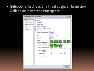 más texturas:En la ventana emergente cambiamos a Relleno-Relleno con imagen o textura-Imagenes predisenadas...Seleccionamos el segundo gráficoEscoger: Relleno-relleno con imagen o textura- apilar:Seguir con la tercera Barra. Seleccionar la tercera Barra en el gráfico- Barra de herramientas: Formato-Estilos de formás-Relleno de forma-Textura- más texturas: