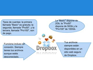 La "Basic" dispone de
Tipos de cuentas: la primera
                                  2Gb, la "Pro50"
llamada "Basic" es gratuita; la
                                  dispone de 50Gb y la
segunda, llamada "Pro50", y la
                                  "Pro100" de 100Gb.
tercera, llamada "Pro100", son
de pago.


                                          Tus archivos
 Funciona incluso sin
                                          siempre están
 conexión. Siempre
                                          disponibles en un
 tienes tus archivos
                                          sitio web seguro
 aunque estés
                                          de Dropbox.
 desconectado.
 