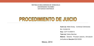 REPÚBLICA BOLIVARIANA DE VENEZUELA
UNIVERSIDAD YACAMBÚ
ESTUDIOS A DISTANCIA
Autor (a): Nelka Graisy Contreras Colmenares
C.I: 19.034.519
Exp.: CJP-113-00041V
Tutor (a): Carlos Sánchez
Materia: Derecho Procesal Laboral y Simulación
de Audiencia Sección ED01DO0V
Marzo, 2014
 