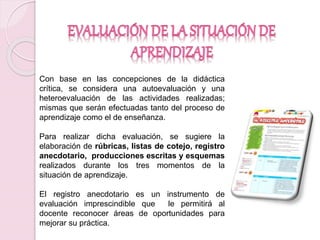 Con base en las concepciones de la didáctica 
crítica, se considera una autoevaluación y una 
heteroevaluación de las actividades realizadas; 
mismas que serán efectuadas tanto del proceso de 
aprendizaje como el de enseñanza. 
Para realizar dicha evaluación, se sugiere la 
elaboración de rúbricas, listas de cotejo, registro 
anecdotario, producciones escritas y esquemas 
realizados durante los tres momentos de la 
situación de aprendizaje. 
El registro anecdotario es un instrumento de 
evaluación imprescindible que le permitirá al 
docente reconocer áreas de oportunidades para 
mejorar su práctica. 
 