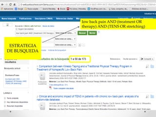 low back pain AND (treatment OR 
therapy) AND (TENS OR stretching) 
ESTRATEGIA 
DE BUSQUEDA 
 