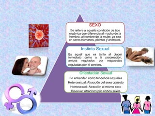 SEXO
Se refiere a aquella condición de tipo
orgánica que diferencia al macho de la
hembra, al hombre de la mujer, ya sea
en seres humanos, plantas y animales.
Instinto Sexual
Es aquel que va tanto al placer
inmediato como a la procreación,
ambos regulados por respuestas
reguladas por el cerebro.
Orientación Sexual
Se entienden como tendencia sexuales
Heterosexual: Atracción del sexo opuesto
Homosexual: Atracción al mismo sexo
Bisexual: Atracción por ambos sexos
 