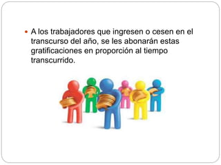  A los trabajadores que ingresen o cesen en el
transcurso del año, se les abonarán estas
gratificaciones en proporción al tiempo
transcurrido.
 