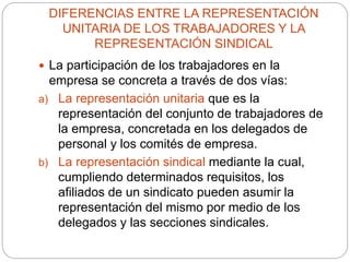 DIFERENCIAS ENTRE LA REPRESENTACIÓN
UNITARIA DE LOS TRABAJADORES Y LA
REPRESENTACIÓN SINDICAL
 La participación de los trabajadores en la
empresa se concreta a través de dos vías:
a) La representación unitaria que es la
representación del conjunto de trabajadores de
la empresa, concretada en los delegados de
personal y los comités de empresa.
b) La representación sindical mediante la cual,
cumpliendo determinados requisitos, los
afiliados de un sindicato pueden asumir la
representación del mismo por medio de los
delegados y las secciones sindicales.
 