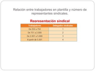 Relación entre trabajadores en plantilla y número de
representantes sindicales.
Representación sindical
 