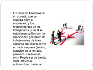  El Convenio Colectivo es
un acuerdo que se
negocia entre el
empresario y los
representantes de los
trabajadores, y en él se
establecen cuáles son las
condiciones generales de
trabajo en los distintos
sectores profesionales y/o
en cada empresa (salario,
duración de la jornada,
permisos, vacaciones,
etc.). Puede ser de ámbito
local, provincial,
autonómico o nacional.
 