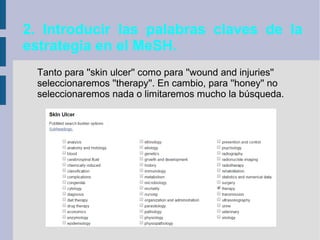 Tanto para ''skin ulcer'' como para ''wound and injuries''
seleccionaremos ''therapy''. En cambio, para ''honey'' no
seleccionaremos nada o limitaremos mucho la búsqueda.
2. Introducir las palabras claves de la
estrategia en el MeSH.
 