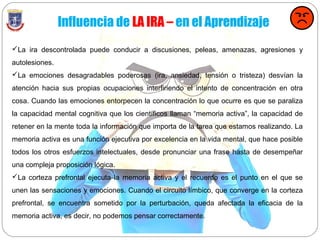 Influencia de LA IRA – en el Aprendizaje
La ira descontrolada puede conducir a discusiones, peleas, amenazas, agresiones y
autolesiones.
La emociones desagradables poderosas (ira, ansiedad, tensión o tristeza) desvían la
atención hacia sus propias ocupaciones interfiriendo el intento de concentración en otra
cosa. Cuando las emociones entorpecen la concentración lo que ocurre es que se paraliza
la capacidad mental cognitiva que los científicos llaman “memoria activa”, la capacidad de
retener en la mente toda la información que importa de la tarea que estamos realizando. La
memoria activa es una función ejecutiva por excelencia en la vida mental, que hace posible
todos los otros esfuerzos intelectuales, desde pronunciar una frase hasta de desempeñar
una compleja proposición lógica.
La corteza prefrontal ejecuta la memoria activa y el recuerdo es el punto en el que se
unen las sensaciones y emociones. Cuando el circuito límbico, que converge en la corteza
prefrontal, se encuentra sometido por la perturbación, queda afectada la eficacia de la
memoria activa, es decir, no podemos pensar correctamente.
 