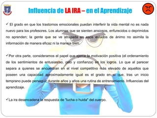 Influencia de LA IRA – en el Aprendizaje
 El grado en que los trastornos emocionales puedan interferir la vida mental no es nada
nuevo para los profesores. Los alumnos que se sienten ansiosos, enfurecidos o deprimidos
no aprenden; la gente que se ve atrapada en esos estados de ánimo no asimila la
información de manera eficaz ni la maneja bien.
Por otra parte, consideramos el papel que ejerce la motivación positiva (el ordenamiento
de los sentimientos de entusiasmo, celo y confianza) en los logros. Lo que al parecer
separa a quienes se encuentran en el nivel competitivo más elevado de aquellos que
poseen una capacidad aproximadamente igual es el grado en el que, tras un inicio
temprano puede perseguir durante años y años una rutina de entrenamiento. Influencias del
aprendizaje.
La ira desencadena la respuesta de "lucha o huida" del cuerpo.
 