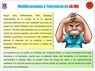 Según Jerry Deffenbacher, PhD, psicólogo
especializado en el manejo de la ira, algunas
personas realmente son más “exaltadas” que otras, se
enojan con mayor facilidad y más intensamente que la
mayoría. También están aquellos que no muestran su
enfado de manera explícita, pero están crónicamente
irritables y gruñones. Las personas más irritables no
siempre lo expresan con su conducta, a veces
presentan inhibición social, mal humor, o cuadros de
malestar físico.
Modificaciones y Tolerancia de LA IRA
Las personas que se enojan con facilidad, por lo general tienen, a lo que conocemos como baja
tolerancia a la frustración, sienten que no deberían haber sido sometidos a la frustración, la
incomodidad o molestia. Ellos no pueden tomar las cosas con calma, y son particularmente
exaltados si la situación parece de alguna manera injusta: por ejemplo, que los demás les corrijan
por un error sin importancia.
 