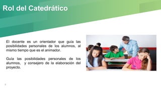 Rol del Catedrático
4
El docente es un orientador que guía las
posibilidades personales de los alumnos, al
mismo tiempo que es el animador.
Guía las posibilidades personales de los
alumnos, y consejero de la elaboración del
proyecto.
 