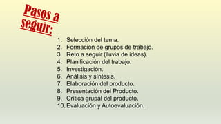 1. Selección del tema.
2. Formación de grupos de trabajo.
3. Reto a seguir (lluvia de ideas).
4. Planificación del trabajo.
5. Investigación.
6. Análisis y síntesis.
7. Elaboración del producto.
8. Presentación del Producto.
9. Crítica grupal del producto.
10. Evaluación y Autoevaluación.
 