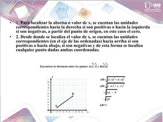 • 1. Para localizar la abscisa o valor de x, se cuentan las unidades
correspondientes hacia la derecha si son positivas o hacia la izquierda
si son negativas, a partir del punto de origen, en este caso el cero.
• 2. Desde donde se localiza el valor de x, se cuentan las unidades
correspondientes (en el eje de las ordenadas) hacia arriba si son
positivas o hacia abajo, si son negativas y de esta forma se localiza
cualquier punto dadas ambas coordenadas.
 