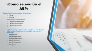 ¿Como se evalúa el
ABP?
Esta evaluación contempla dos dimensiones:
o Forma
o Informal
Ambas en sus tres momentos:
1. Evaluación diagnóstica
2. Evaluación formativa
3. Evaluación sumativa
Las herramientas e instrumentos a emplear en la evaluación
deben ser acordes a las competencias que se pretenden
desarrollar:
• Autodirección
• Pensamiento crítico
• Razonamiento clínico
• Trabajo en equipo
• Trabajo colaborativo
• Autogestión.
 