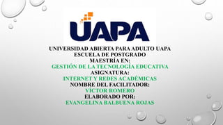 UNIVERSIDAD ABIERTA PARAADULTO UAPA
ESCUELA DE POSTGRADO
MAESTRÍA EN:
GESTIÓN DE LA TECNOLOGÍA EDUCATIVA
ASIGNATURA:
INTERNET Y REDES ACADÉMICAS
NOMBRE DEL FACILITADOR:
VÍCTOR ROMERO
ELABORADO POR:
EVANGELINA BALBUENA ROJAS
 