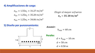 4) Amplificaciones de carga:
𝜎𝑢1 = 1.55𝜎1 = 31.27 𝑡𝑛 𝑚2
5) Diseño por punzonamiento:
𝜎𝑢2 = 1.25𝜎2 = 35.20 𝑡𝑛 𝑚2
𝜎𝑢3 = 1.25𝜎3 = 34.06 𝑡𝑛 𝑚2
𝐸𝑙𝑒𝑔𝑖𝑟 𝑒𝑙 𝑚𝑎𝑦𝑜𝑟 𝑒𝑠𝑓𝑢𝑒𝑟𝑧𝑜
𝝈𝒖 = 𝟑𝟓. 𝟐𝟎 𝒕𝒏 𝒎𝟐
𝑨𝒔𝒖𝒎𝒊𝒓:
ℎ𝑧𝑎𝑝 = 60 𝑐𝑚
Peralte:
𝑑 = ℎ𝑧𝑎𝑝 − 10 𝑐𝑚
𝑑 = 50 𝑐𝑚
𝑑 = 0.50 𝑚
 