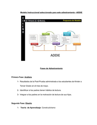 Modelo Instruccional seleccionado para este adiestramiento –ADDIE
Fases de Adiestramiento
Primera Fase: Análisis
1- Resultados de la Post-Prueba administrada a los estudiantes de Kinder a
Tercer Grado en el mes de mayo.
2- Identificar si los padres tienen hábitos de lectura.
3- Integrar a los padres en la motivación de lectura de sus hijos.
Segunda Fase: Diseño
1- Teoría de Aprendizaje: Constructivismo
 