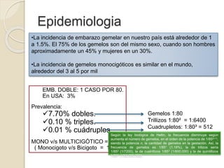 Epidemiologia 
•La incidencia de embarazo gemelar en nuestro país está alrededor de 1 
a 1.5%. El 75% de los gemelos son del mismo sexo, cuando son hombres 
aproximadamente un 45% y mujeres en un 30%. 
•La incidencia de gemelos monocigóticos es similar en el mundo, 
alrededor del 3 al 5 por mil 
EMB. DOBLE: 1 CASO POR 80. 
En USA: 3% 
Prevalencia: 
7.70% dobles. 
0.10 % triples. 
0.01 % cuádruples. 
MONO v/s MULTICIGÓTICO = 1 : 2 
( Monocigoto v/s Bicigoto = 1 : 3 ) 
Gemelos 1:80 
Trillizos 1:80² = 1:6400 
Cuadrupletos: 1:80³ = 512 
Según la ley biológica0d0e0Hellin, la frecuencia disminuye según 
aumenta el número de gemelos, en el orden de la potencia de 1/85(n-1), 
siendo la potencia n, la cantidad de gemelos en la gestación. Así, la 
frecuencia de gemelos es 1/851 (1.18%), la de trilizos sería 
1/852 (1/7200), la de cuatrillizos 1/853 (1/600.000) y la de quintillizos 
1/854 (1/52.000.000). 
 